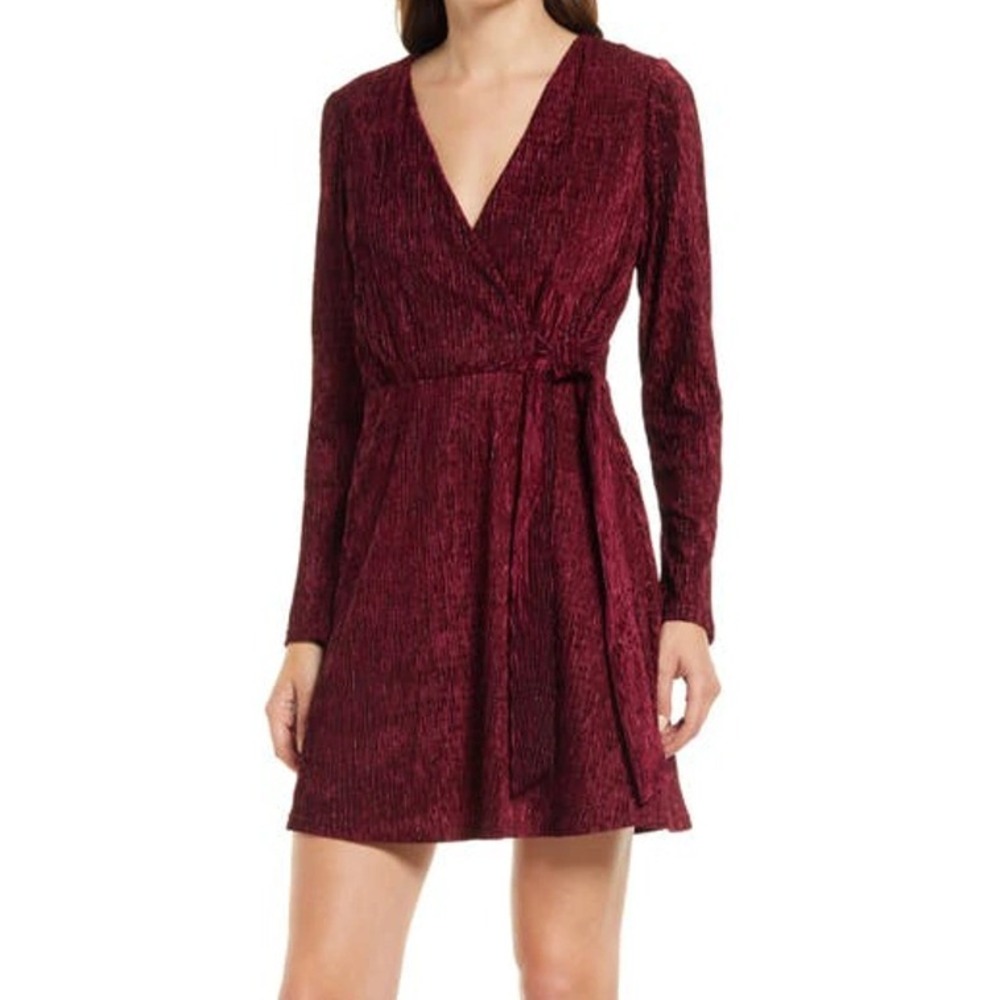 New Adeyln Rae Sylvie Crinkled Velvet Side Tie Mini Dress Women's XL Burgundy